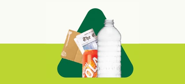 Empty plastic bottle, can of orange soda, cardboard, and newspaper inside green triangle.