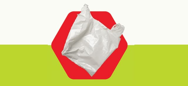 White plastic bag inside red hexagon.