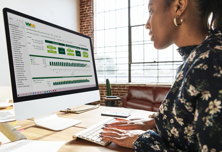 Woman at a desktop computer looking at reports from elements by WM.