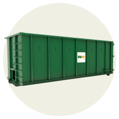 Green WM rolloff dumpster with ladder on side.